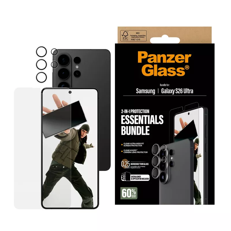 Pack de protector de pantalla PanzerGlass Hoops 2 en 1 para Samsung Galaxy S26 Ultra — vidrio templado + PET, transparente, ajuste ultra ancho