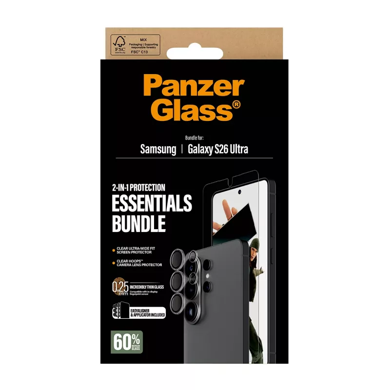 Pack de protector de pantalla PanzerGlass Hoops 2 en 1 para Samsung Galaxy S26 Ultra — vidrio templado + PET, transparente, ajuste ultra ancho
