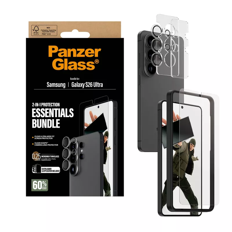 Pack de protector de pantalla PanzerGlass Hoops 2 en 1 para Samsung Galaxy S26 Ultra — vidrio templado + PET, transparente, ajuste ultra ancho