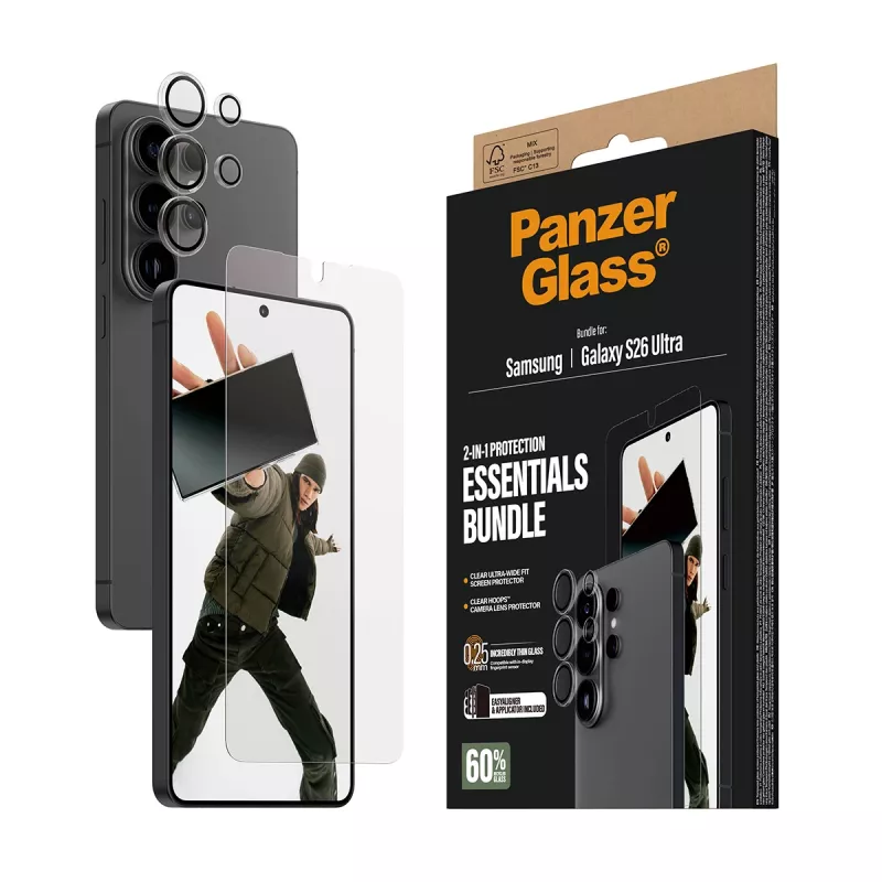Pack de protector de pantalla PanzerGlass Hoops 2 en 1 para Samsung Galaxy S26 Ultra — vidrio templado + PET, transparente, ajuste ultra ancho