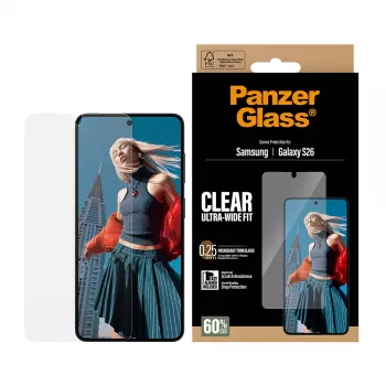Lámina protectora de pantalla transparente PanzerGlass para Samsung Galaxy S26 – Ultra-Wide Fit, PET + silicona, aplicación en seco
