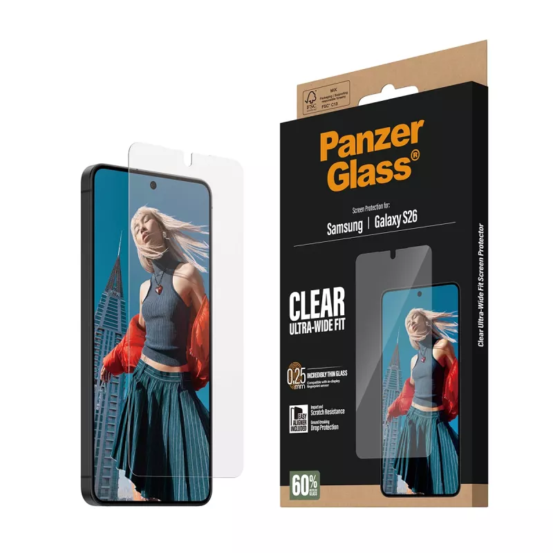 Lámina protectora de pantalla transparente PanzerGlass para Samsung Galaxy S26 – Ultra-Wide Fit, PET + silicona, aplicación en seco