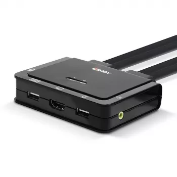 Conmutador KVM con cables Lindy de 2 puertos HDMI 18G, USB Type-C, USB 2.0 y audio