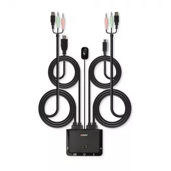 Conmutador KVM con cables Lindy de 2 puertos HDMI 18G, USB Type-C, USB 2.0 y audio