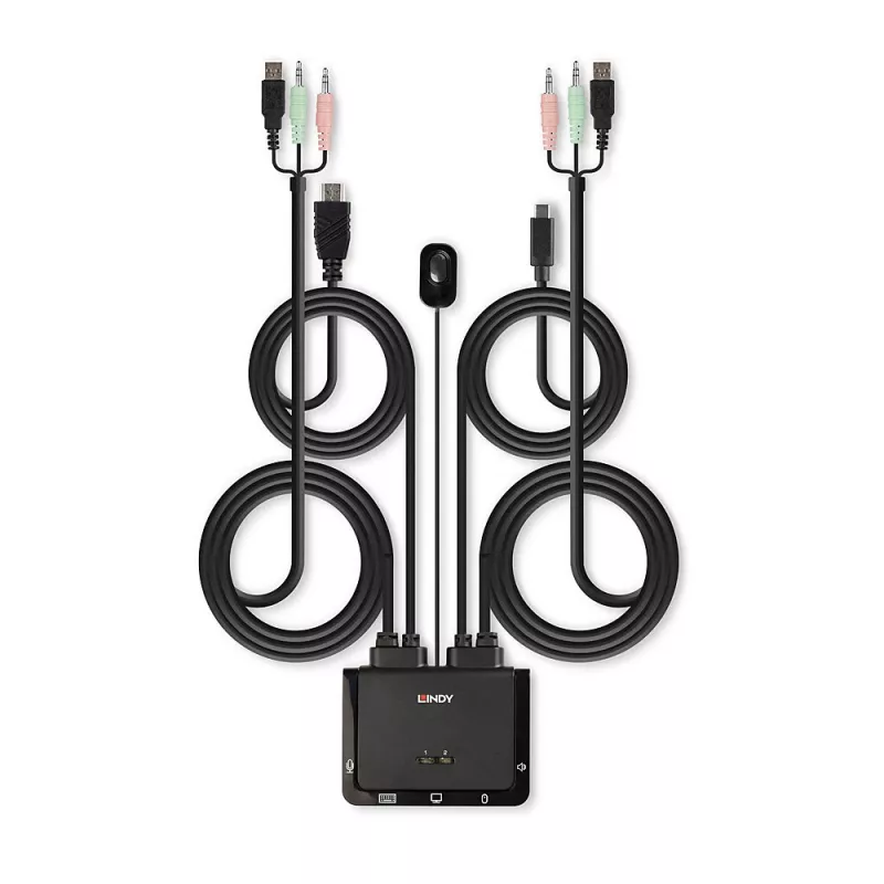 Conmutador KVM con cables Lindy de 2 puertos HDMI 18G, USB Type-C, USB 2.0 y audio