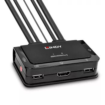 Lindy Switch KVM de 2 puertos, HDMI 4K60, USB 2.0 y audio, cable, negro