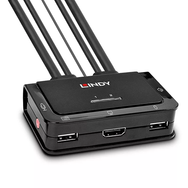 Lindy Switch KVM de 2 puertos, HDMI 4K60, USB 2.0 y audio, cable, negro