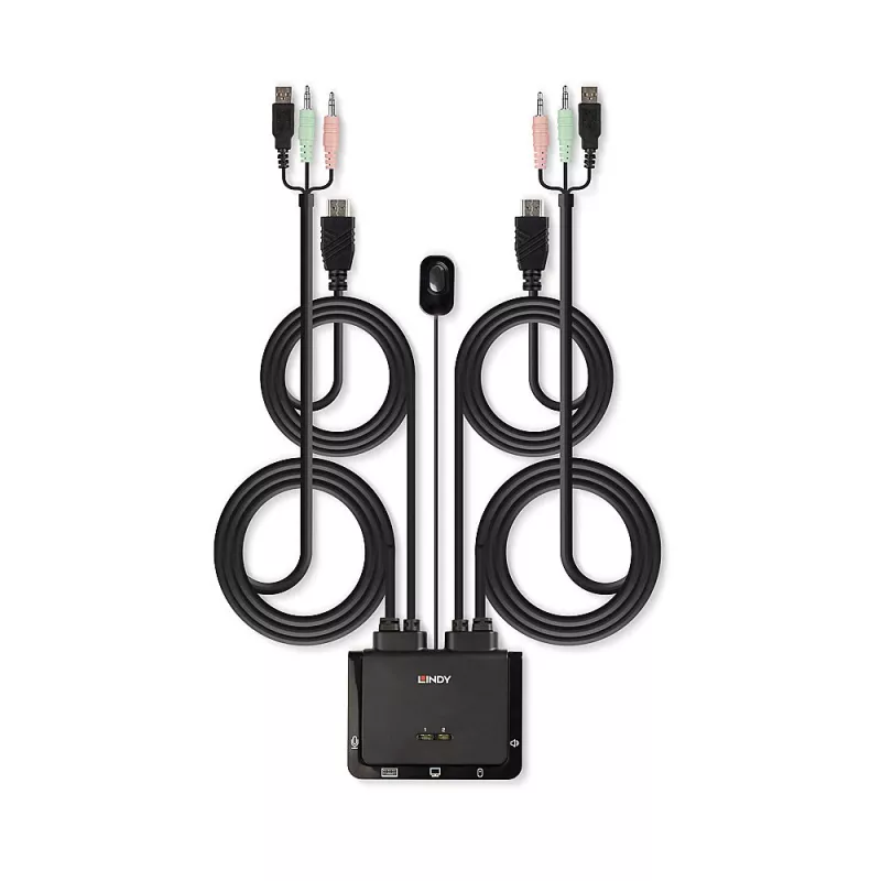 Lindy Switch KVM de 2 puertos, HDMI 4K60, USB 2.0 y audio, cable, negro
