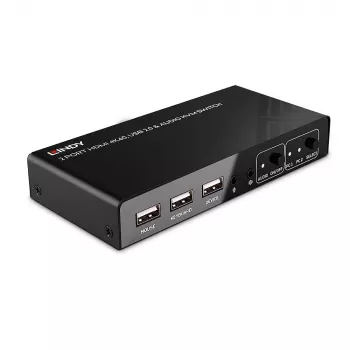 Conmutador KVM Lindy de 2 puertos HDMI 4K60, USB 2.0 y audio, 4096 x 2160 píxeles, 4K Ultra HD, negro