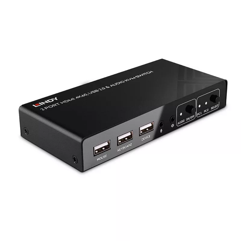 Conmutador KVM Lindy de 2 puertos HDMI 4K60, USB 2.0 y audio, 4096 x 2160 píxeles, 4K Ultra HD, negro