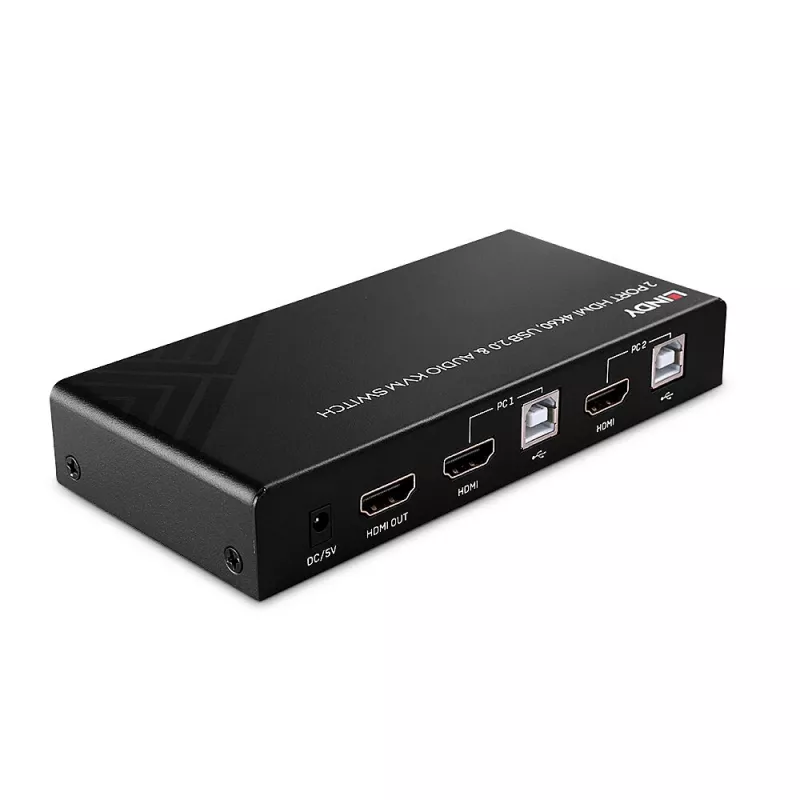 Conmutador KVM Lindy de 2 puertos HDMI 4K60, USB 2.0 y audio, 4096 x 2160 píxeles, 4K Ultra HD, negro