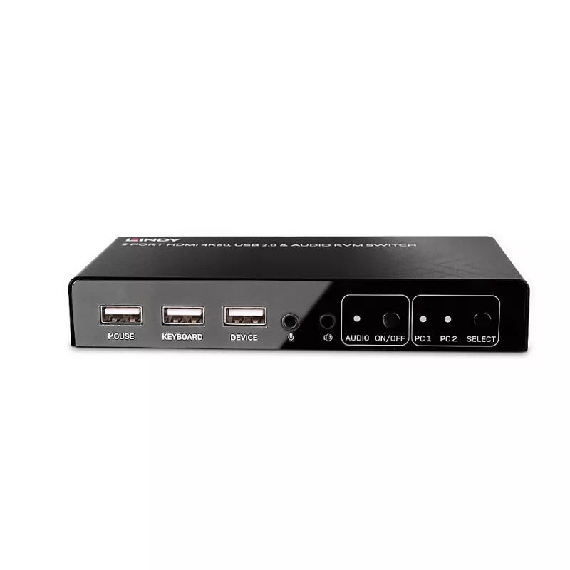 Conmutador KVM Lindy de 2 puertos HDMI 4K60, USB 2.0 y audio, 4096 x 2160 píxeles, 4K Ultra HD, negro