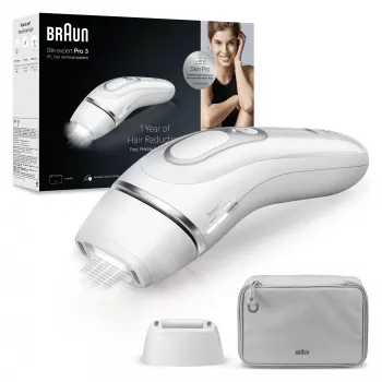 Depiladora IPL BRAUN Silk‑expert Pro 3 PL3020 — plateado/blanco, con cable, accesorios para rostro y cuerpo