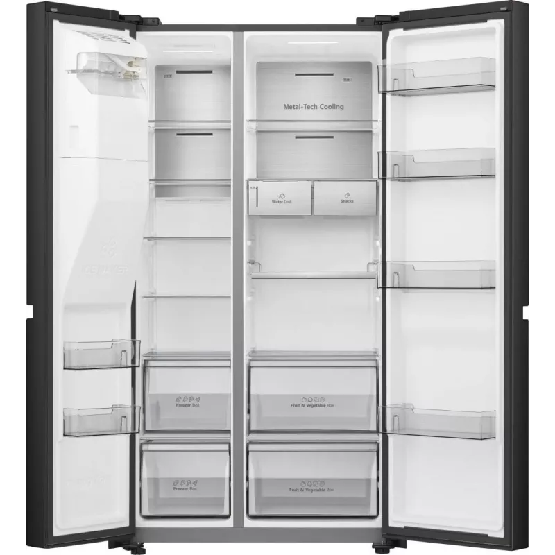 Frigorífico side-by-side Hisense RS818N4TFE, independiente, puerta americana, negro, táctil, LED, display en la puerta