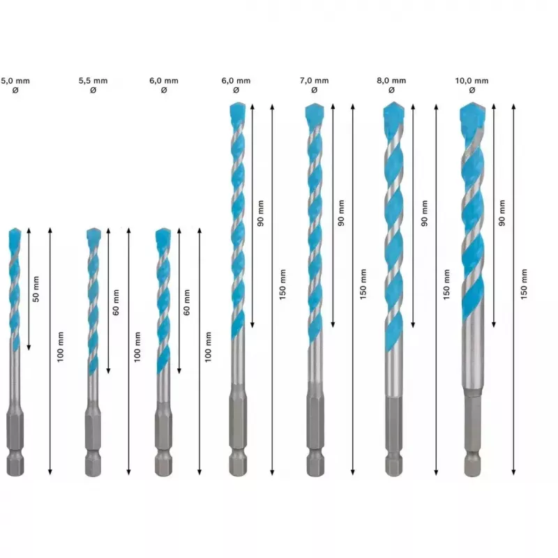 Set de brocas Bosch EXPERT HEX-9 MultiConstruction, 7 piezas (Ø5, 5.5, 6, 7, 8, 10 mm)