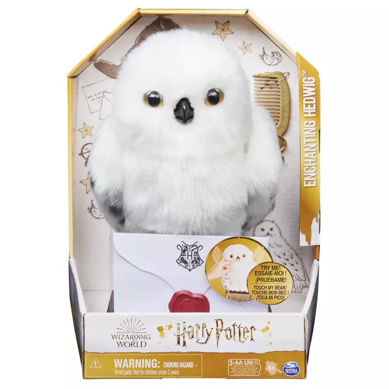 Wizarding World Harry Potter, Hedwig encantadora búho interactivo con más de 15 sonidos y movimientos y sobre de Hogwarts, juguete para niños a partir de 5 años