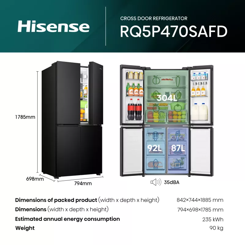 Hisense RQ5P470SAFD independiente 483 L negro, acero inoxidable