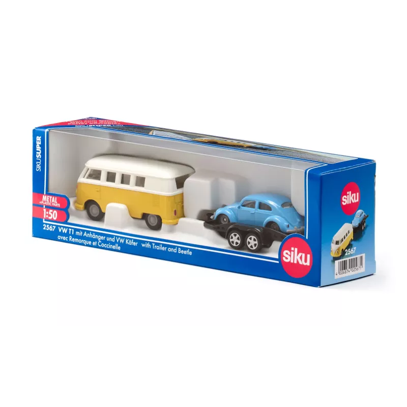 Set de modelos de coche Siku VW T1 con remolque y VW Beetle, premontado 1:50, tamaño 42×200×51 mm