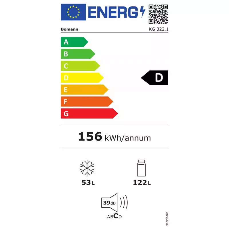 Frigorífico independiente BOMANN KG 322.1, 175 L de volumen total, acero inoxidable, compartimento frigorífico 122 L + congelador 53 L, clase D, 39 dB