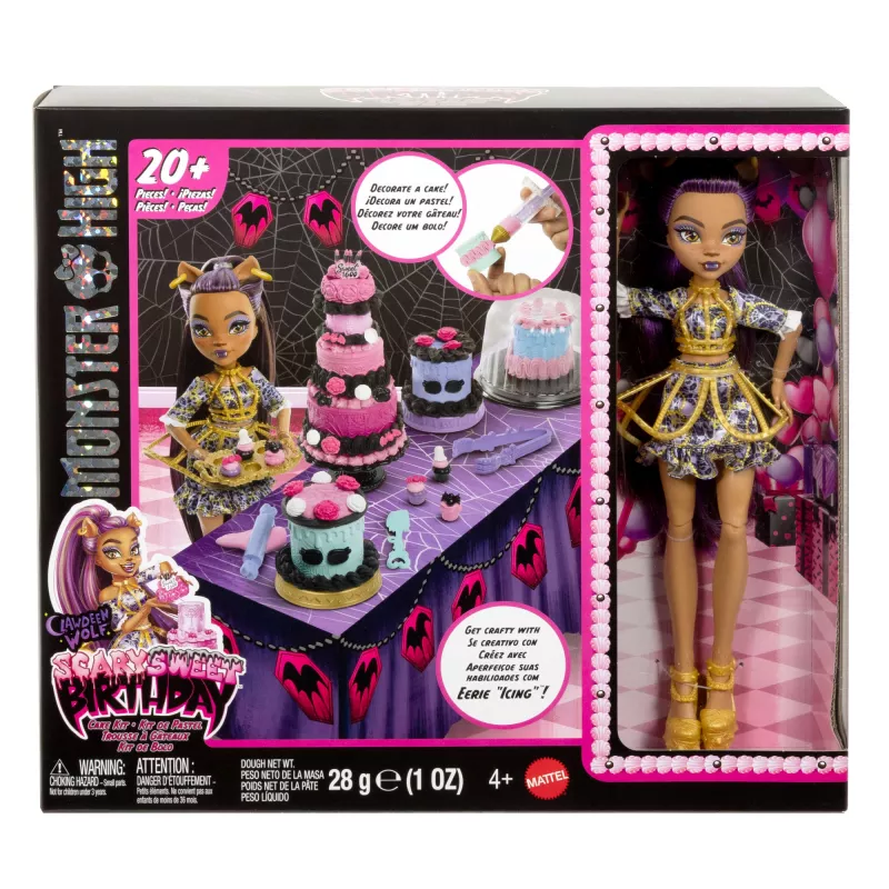 Monster High Scary Sweet Birthday Cake Kit con muñeca Clawdeen Wolf y más de 20 accesorios de decoración