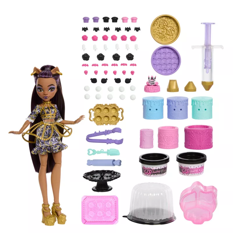 Monster High Scary Sweet Birthday Cake Kit con muñeca Clawdeen Wolf y más de 20 accesorios de decoración