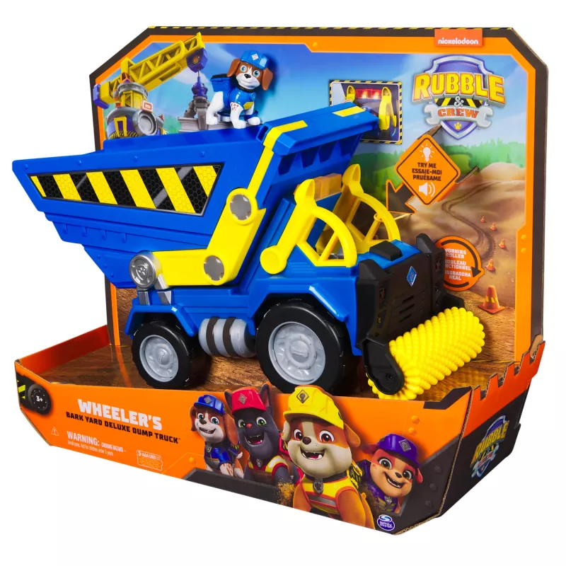 Rubble & Crew, Bark Yard Deluxe camión volquete de construcción con luces, sonidos y figura de acción Wheeler, juguete para niños y niñas a partir de 3 años