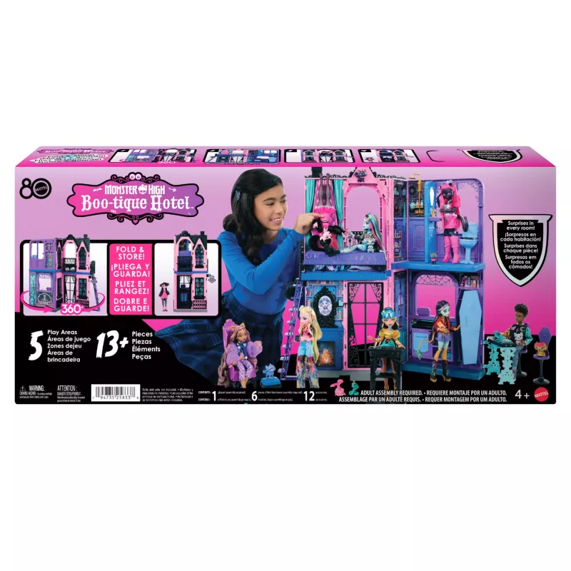 Casa de muñecas Monster High Boo-tique Hotel con sorpresas espeluznantes en cada habitación y más de 13 accesorios