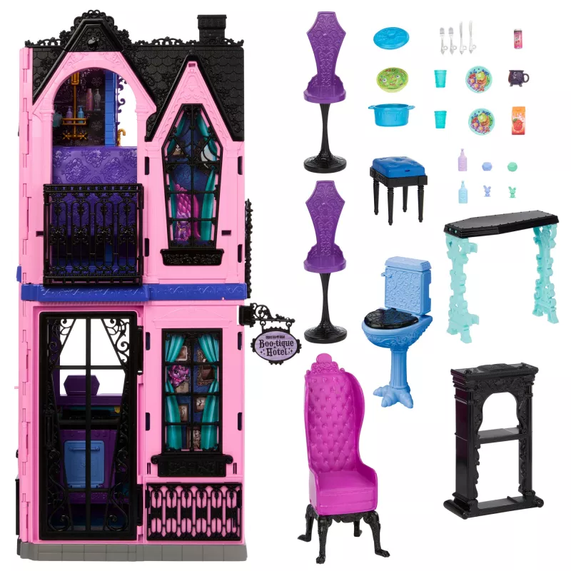 Casa de muñecas Monster High Boo-tique Hotel con sorpresas espeluznantes en cada habitación y más de 13 accesorios
