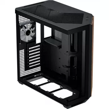 Caja torre APNX V1-W-BK-v3 con dos paneles laterales de cristal templado y revestimiento de madera, negro