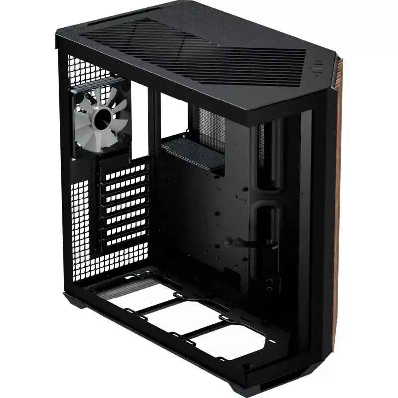 Caja torre APNX V1-W-BK-v3 con dos paneles laterales de cristal templado y revestimiento de madera, negro