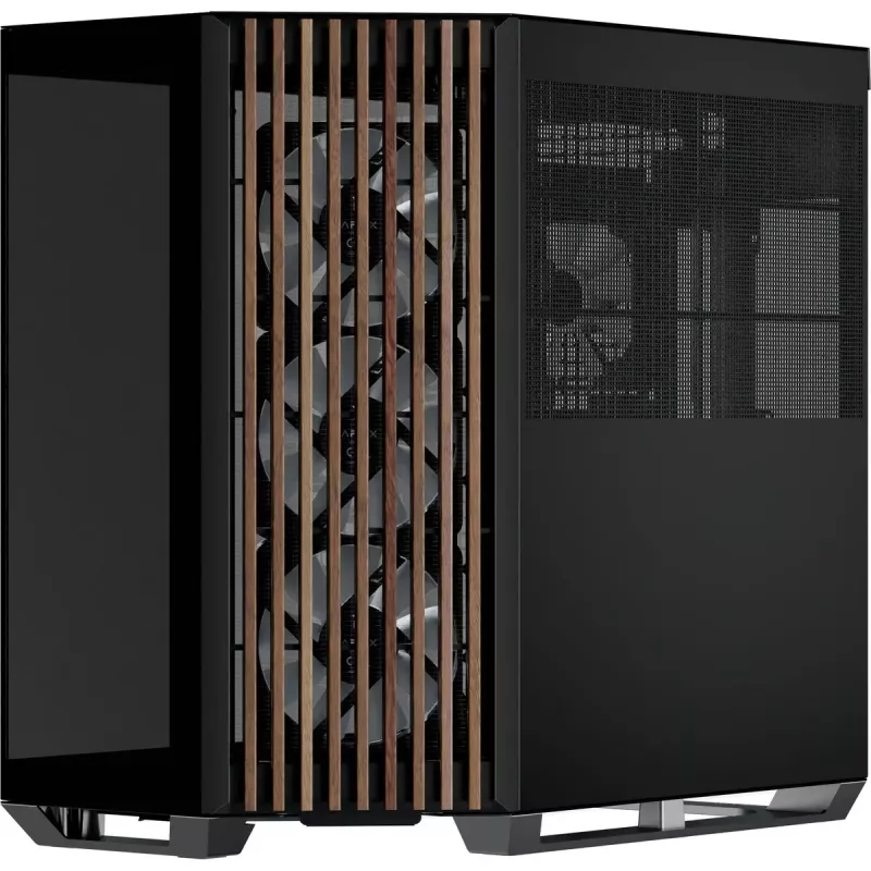 Caja torre APNX V1-W-BK-v3 con dos paneles laterales de cristal templado y revestimiento de madera, negro