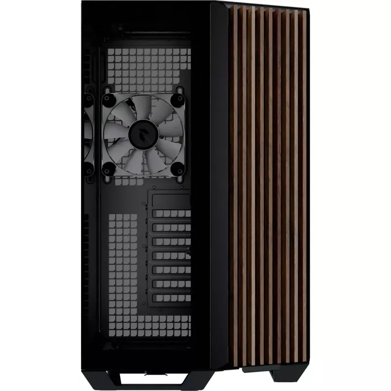 Caja torre APNX V1-W-BK-v3 con dos paneles laterales de cristal templado y revestimiento de madera, negro