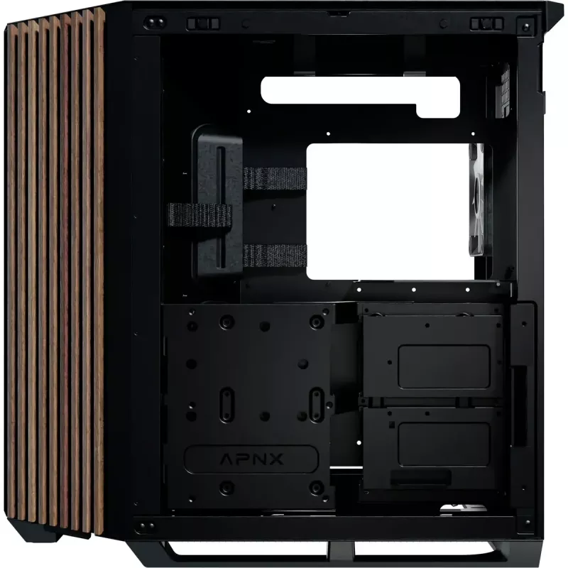 Caja torre APNX V1-W-BK-v3 con dos paneles laterales de cristal templado y revestimiento de madera, negro