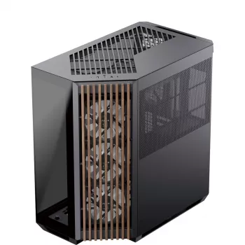 Caja torre APNX V1-W-BK-v3 con dos paneles laterales de cristal templado y revestimiento de madera, negro