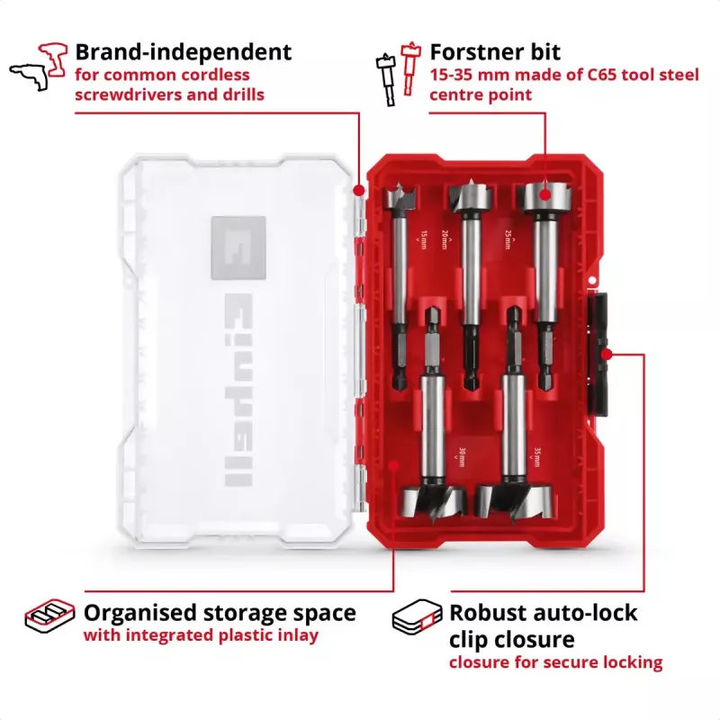Set de brocas Forstner Einhell-KWB 5 uds., rojo/transparente, vástago de 1/4