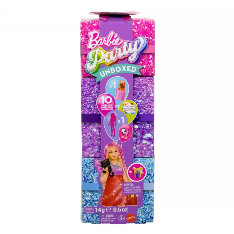 Muñeca Barbie Party Unboxed Glam Party Series Red Sparkle y accesorios con 10 sorpresas
