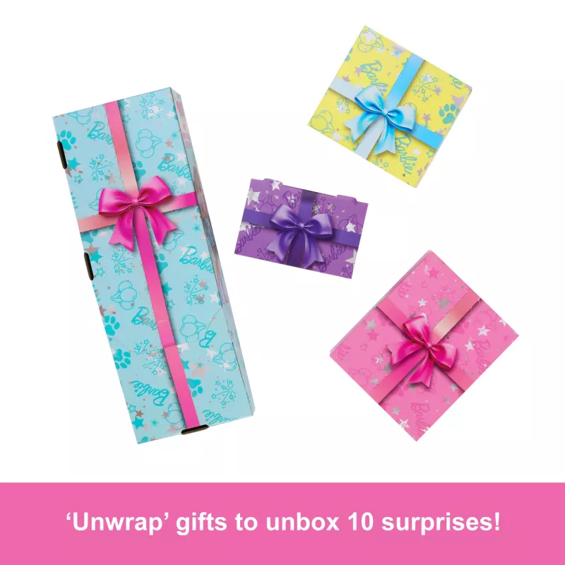 Muñeca y accesorios Barbie Party Unboxed Pet Birthday Series, set Party Stars con 10 sorpresas