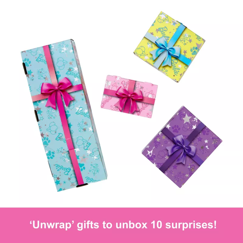 Muñeca y accesorios Barbie Party Unboxed Pet Birthday Series, set de lazos de cumpleaños con 10 sorpresas
