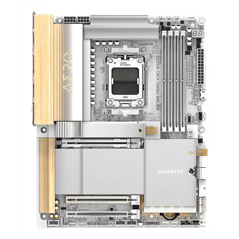 Placa base GIGABYTE X870E AERO X3D WOOD - Compatible con CPUs AMD Ryzen 9000, VRM digital 16+2+2 fases, hasta 9000MHz DDR5 (OC), 2xPCIe 5.0 + 2xPCIe 4.0, Wi-Fi 7, 5GbE LAN, USB 4