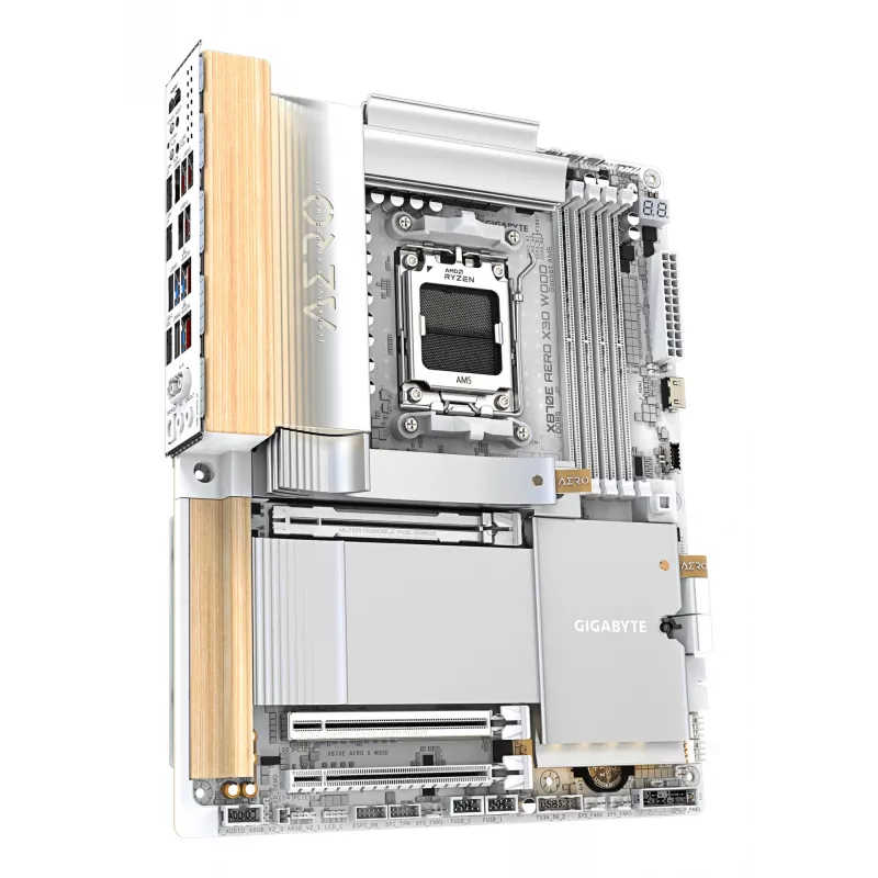 Placa base GIGABYTE X870E AERO X3D WOOD - Compatible con CPUs AMD Ryzen 9000, VRM digital 16+2+2 fases, hasta 9000MHz DDR5 (OC), 2xPCIe 5.0 + 2xPCIe 4.0, Wi-Fi 7, 5GbE LAN, USB 4