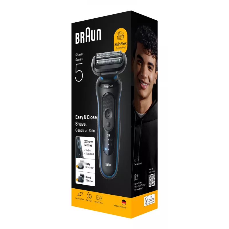 Afeitadora BRAUN Series 5 52-B1650S – cuchilla 3, batería de Li-Ion, afeitado en húmedo y en seco, recortador, azul