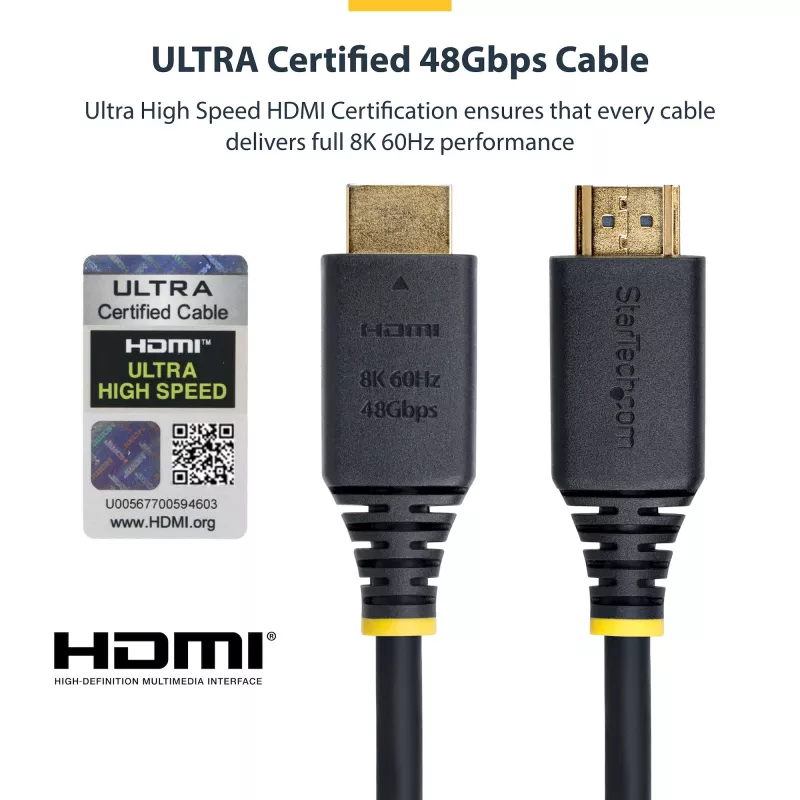 StarTech.com Cable HDMI Ultra High Speed certificado de 2 m (6 ft), 8K 60Hz/4K 120Hz, cable HDMI 2.1 con HDR10+ / eARC, 48Gbit/s, cable HDMI 8K para monitor/TV/pantalla, funda de TPE flexible