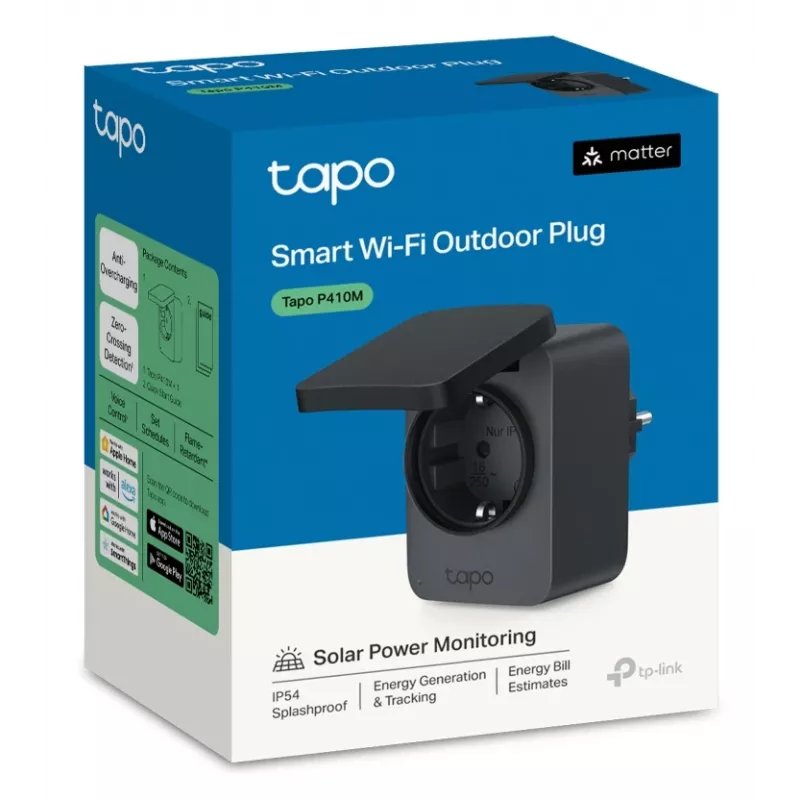 Enchufe inteligente TP-Link Tapo P410M – toma Wi-Fi de exterior, 3680 W, 200–250 V, negro