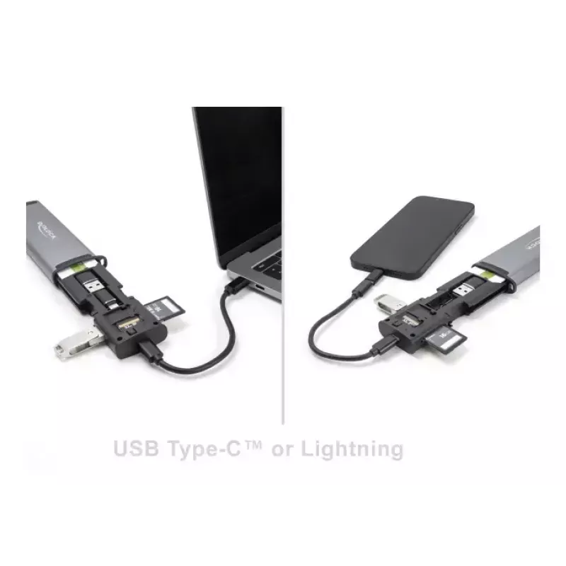 Lector de tarjetas DELOCK USB 5 Gbps con ranuras SD y MicroSD, USB 3.2 Gen 1 Type-A/Type-C, cable y adaptador, negro/gris