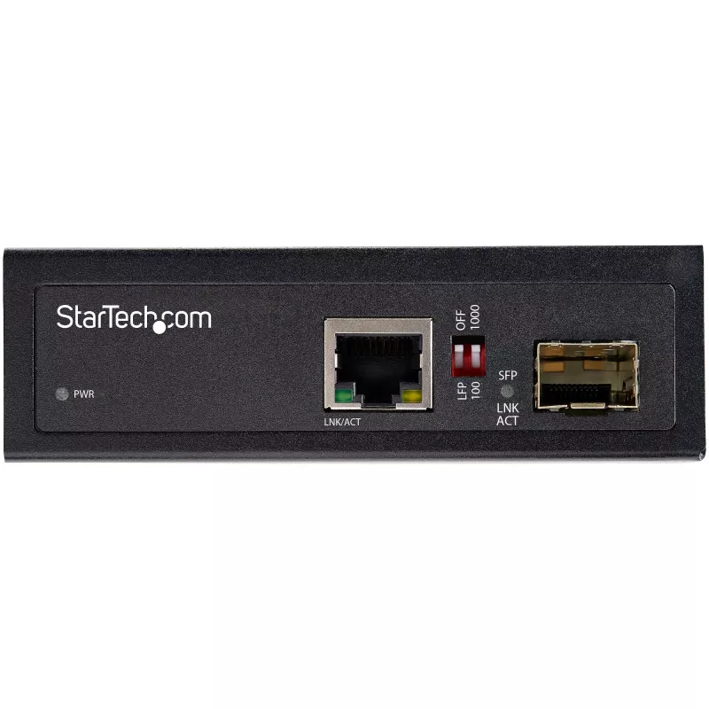 StarTech.com Convertidor de medios industrial de fibra óptica a Ethernet – 10/100/1000 Mbit/s SFP a RJ45/Cat6 – fibra óptica monomodo/multimodo a red Gigabit de cobre – 12-56V DC – IP-30/ -40 a +75°C