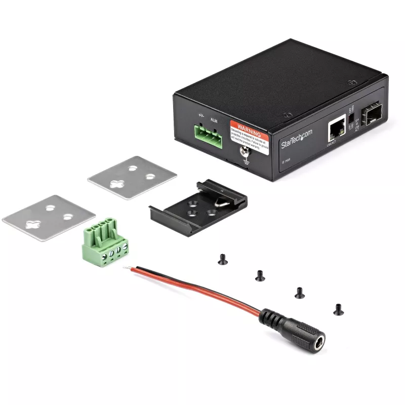 StarTech.com Convertidor de medios industrial de fibra óptica a Ethernet – 10/100/1000 Mbit/s SFP a RJ45/Cat6 – fibra óptica monomodo/multimodo a red Gigabit de cobre – 12-56V DC – IP-30/ -40 a +75°C