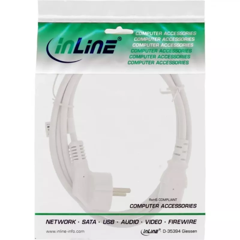 InLine cable de alimentación, CEE 7/7 en ángulo / conector IEC C13 de 3 polos, blanco, 1,8 m
