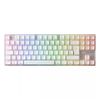 Teclado gaming inalámbrico CHERRY MX 8.2 Pro TMR — Tenkeyless, QWERTZ alemán, USB + RF + Bluetooth, RGB, plata/blanco