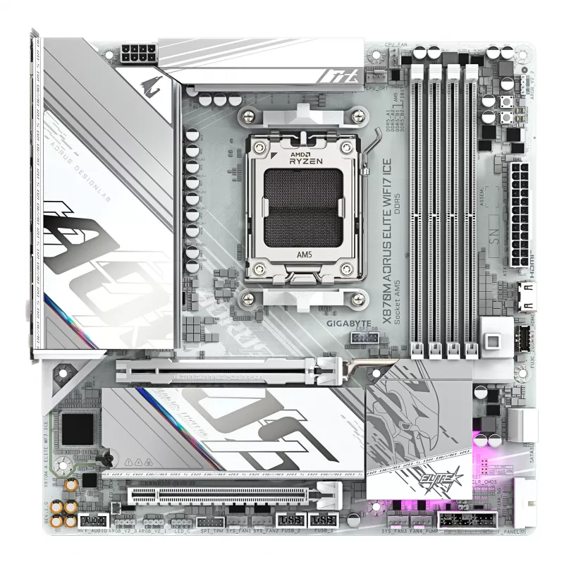 Placa base GIGABYTE X870M AORUS ELITE WIFI7 ICE — Micro ATX, AMD X870, zócalo AM5, DDR5 hasta 8200MHz (O.C), 14+2+2 VRM, PCIe 5.0, Wi‑Fi 7, 2,5 GbE, USB4