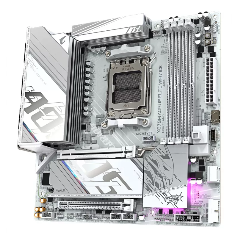 Placa base GIGABYTE X870M AORUS ELITE WIFI7 ICE — Micro ATX, AMD X870, zócalo AM5, DDR5 hasta 8200MHz (O.C), 14+2+2 VRM, PCIe 5.0, Wi‑Fi 7, 2,5 GbE, USB4